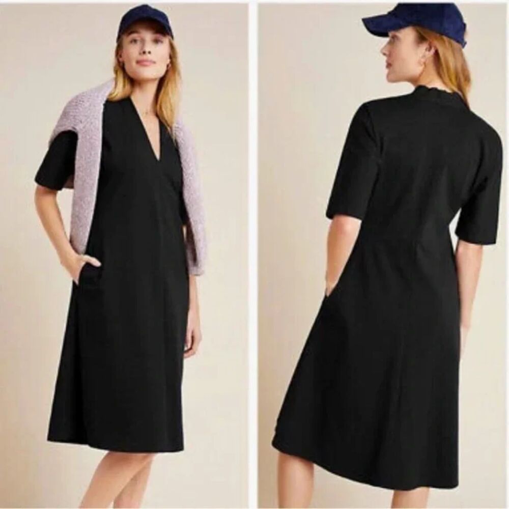 Velvet Anthropologie Women Dress LBD Career Quiet Luxury Cotton Black Small L159 - Picture 2 of 11